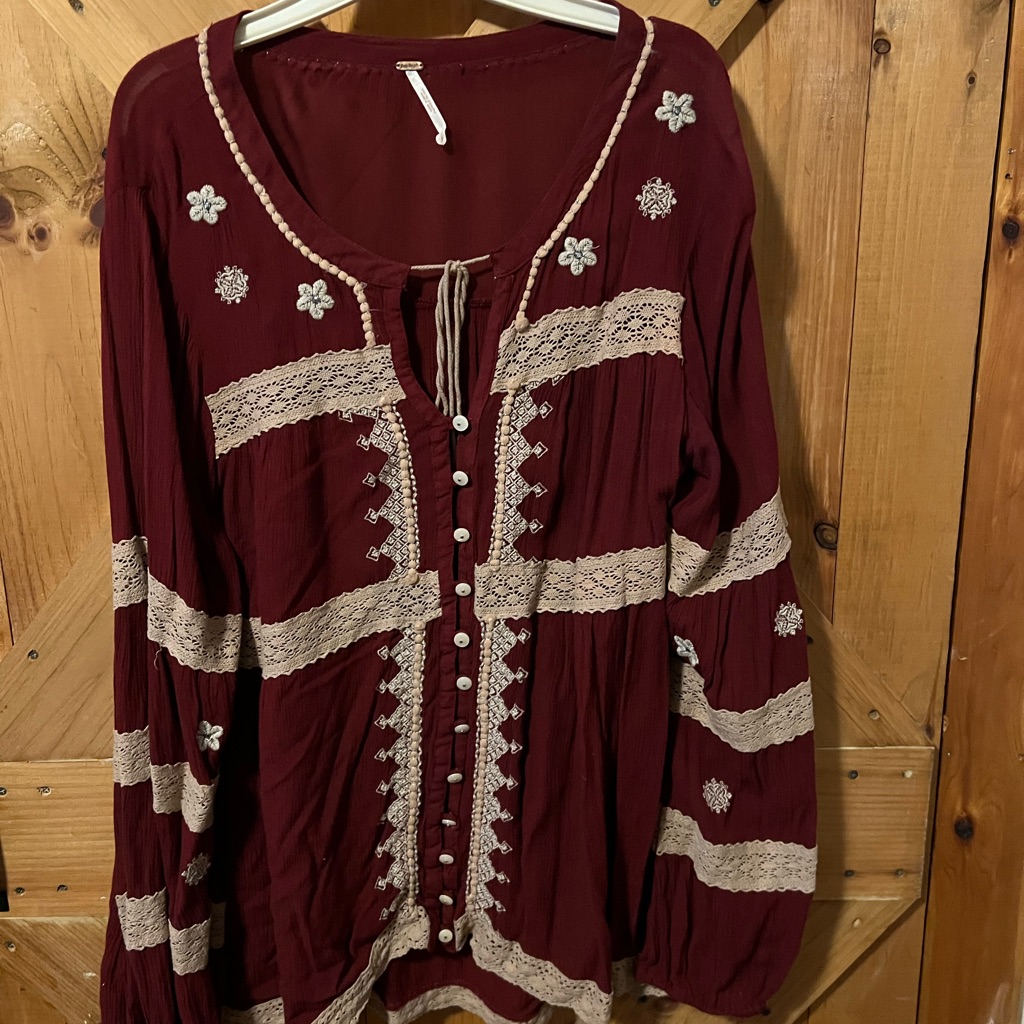Burgundy Boho Blouse With Lace Accents